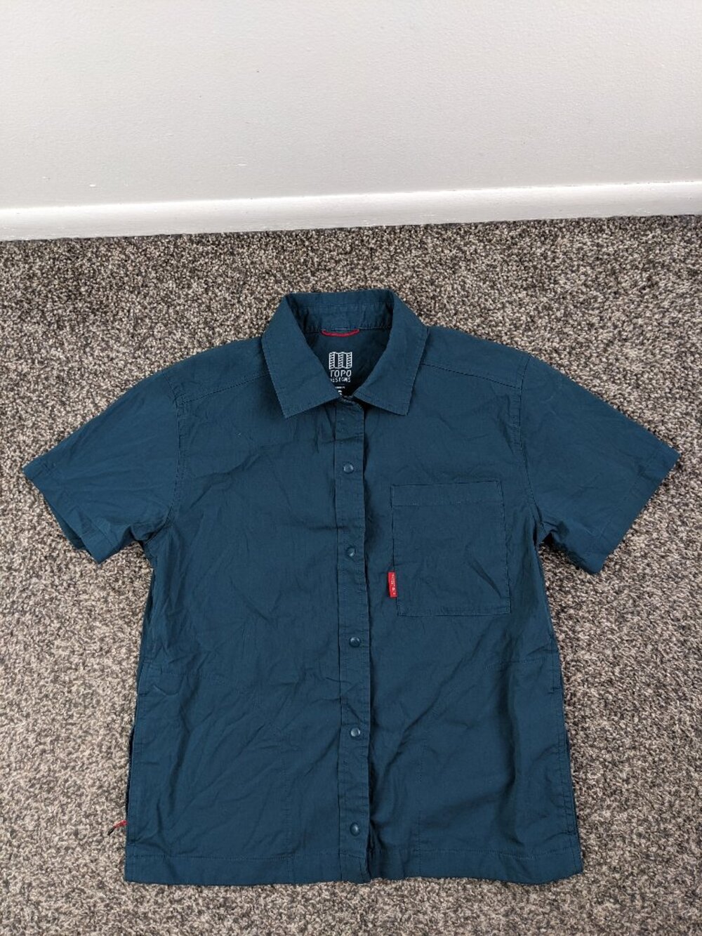 Topo Designs Shirt Womens Small Blue Button Snap Outdoors Hiking Short Sleeve